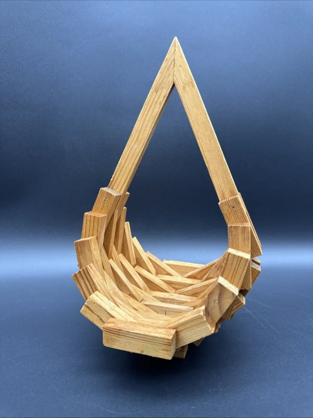 Vintage Mid-Century Modern Geometric Block Wood Teardrop Basket Planter Catchall